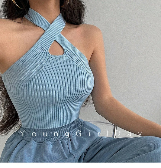 Women Summer Knitted Top Female Camisoles Solid Cute Crop Tops Women Camis Straps Plain off Shoulder Crop Tops for Women