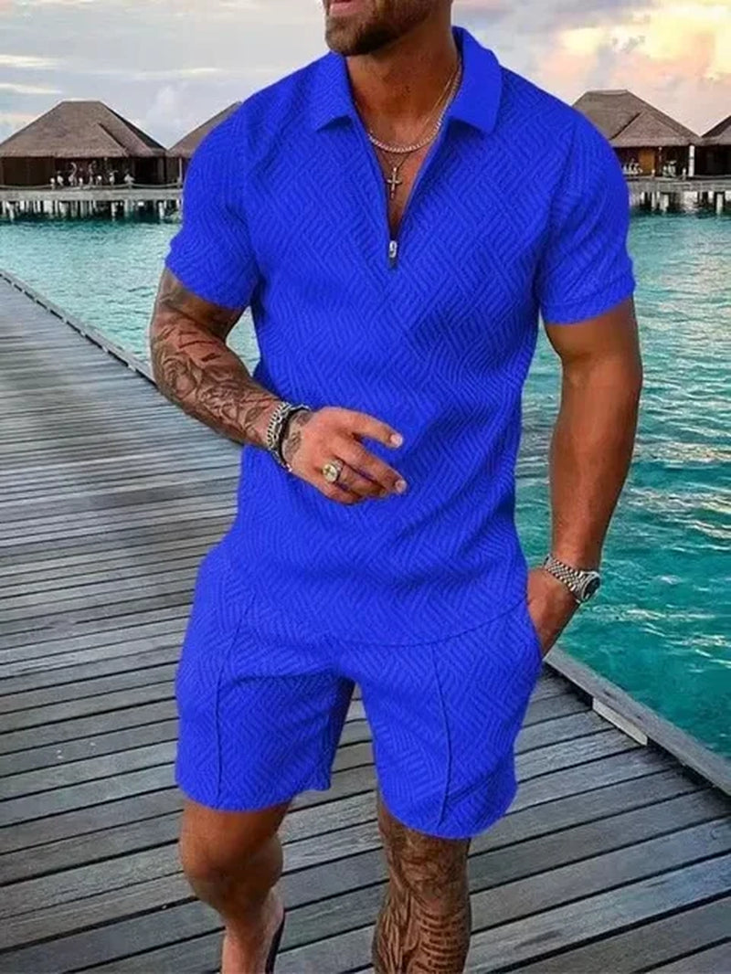 New 2024 Men'S Polo Suit Fashion Men Sets Solid Summer V-Neck Zipper Short Sleeve POLO Shirt+Shorts Two Pieces Men Casual Suit