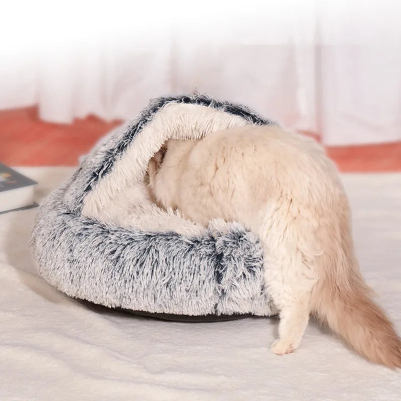 Cat Bed round Soft Plush Burrowing Cave Hooded Cat Bed Donut for Dogs Cats Faux Fur Cuddler Comfortable Self Warming Pet Bed